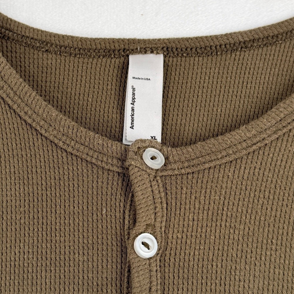 American Apparel Mens XL Baby Thermal Henley Dexter Kill Room Shirt Green Brown - Picture 8 of 9